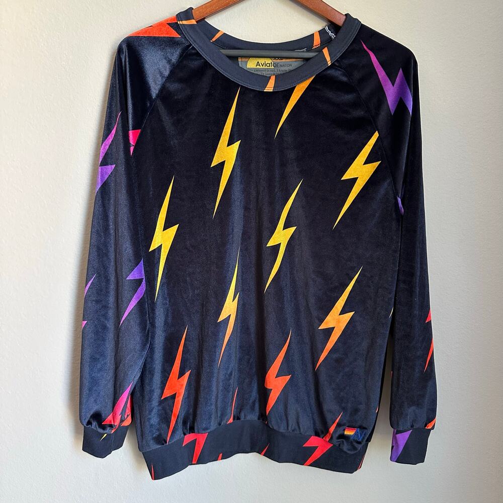 Women's Aviator Nation Black Velvet Lightning Bolts Sweater Size XXL